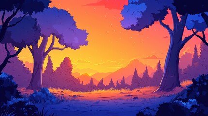 Serene Sunset Vista Through a Purple-Hued Forest Clearing