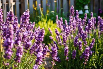 Obraz premium Sunlit Lavender Field: Vibrant Purple Blooms in a Summer Garden