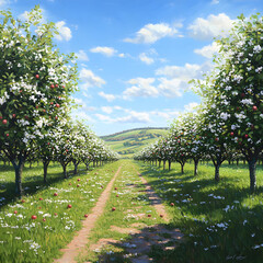 Naklejka premium Tranquil Orchard in Full Bloom with Rows of Fruit-Laden Trees and Rolling Hills in the Background