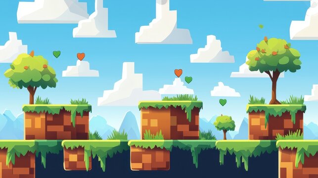 A pixel art game level design featuring floating platforms and trees