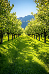 Naklejka premium Tranquil Orchard in Full Bloom with Rows of Fruit-Laden Trees and Rolling Hills in the Background