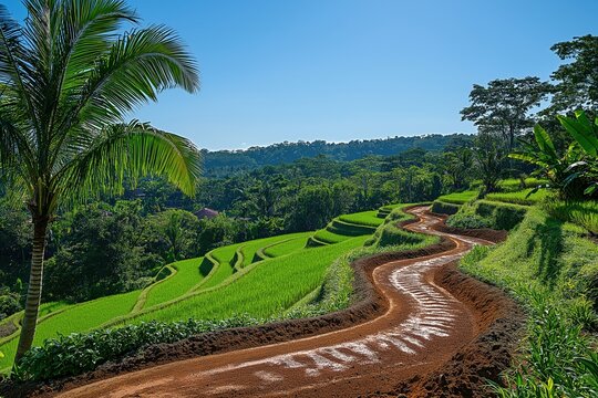 Lush green rice terraces under clear blue sky near tropical hills - Powered by Adobe