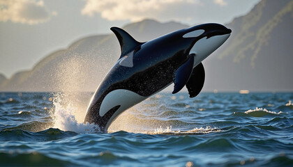 Fototapeta premium A killer whale emerges from the ocean