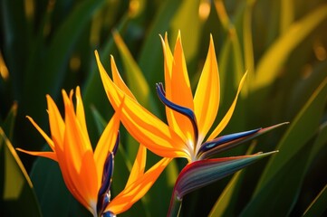 Vibrant Bird of Paradise Flowers in Golden Sunlight: Close-Up Macro Photography