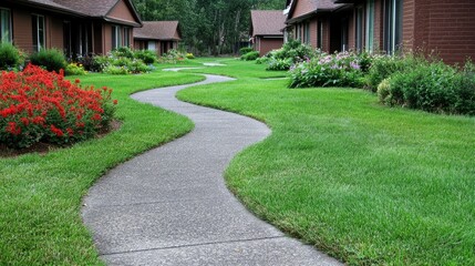 Obraz premium Winding Walkway Through Lush Green Lawn in Residential Community