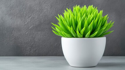 Lush Green Plant in a Modern White Pot Against a Gray Background