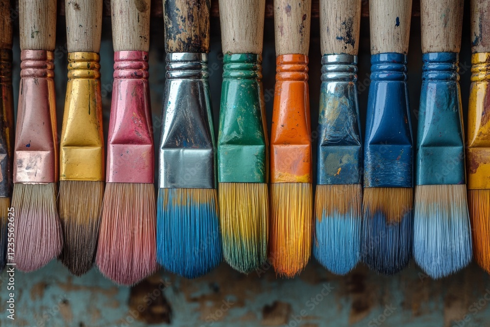 Poster array of colorful traditional paintbrushes hanging on a wall with various sizes and hues for artists