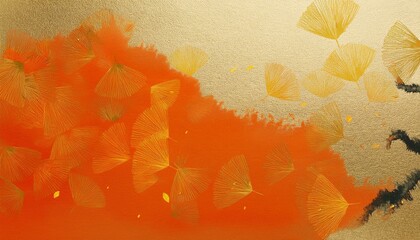 オレンジ色と金箔の和紙の和風背景素材。コピースペースあり。aiで生成