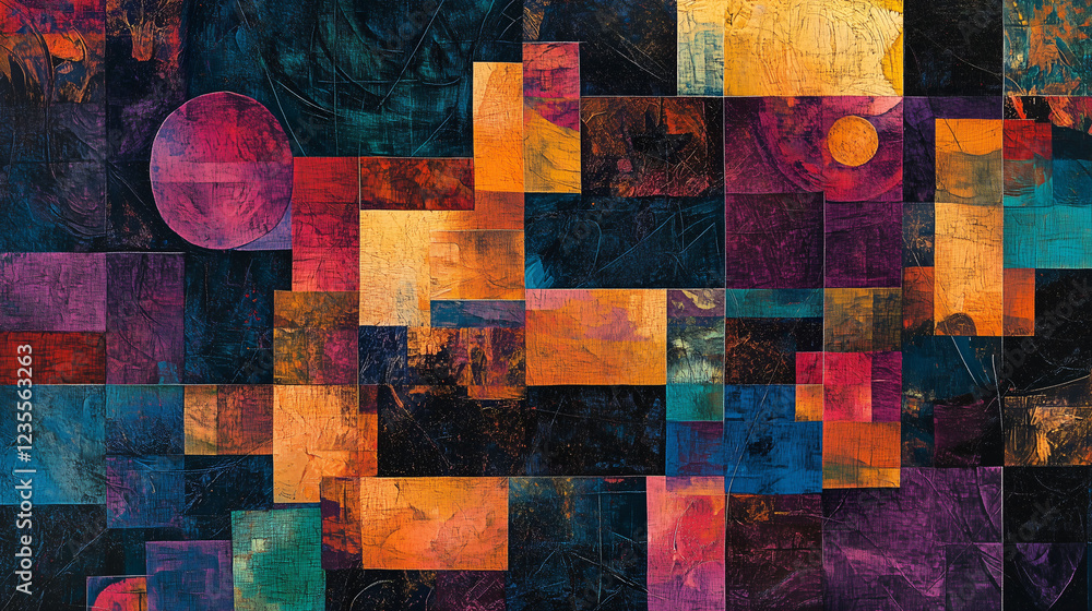 Poster innovative abstract design featuring intricate shapes and vibrant colors in a dynamic composition. g