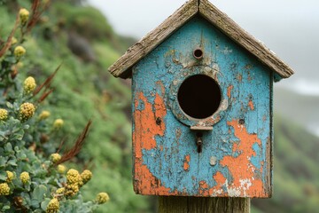 Weathered Charm: A Rustic Birdhouse with Chipped Paint Exuding Character and History