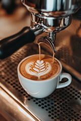
A modern espresso machine is shown in close-up, with a steady stream of rich, golden-brown coffee dripping into a white ceramic cup. 