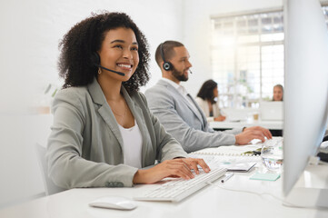 Advisor, computer and happy woman in call center for loan advice, online help and consulting....