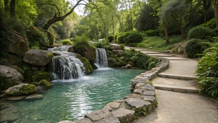Naklejka premium Elegant Garden Fountain Surrounded by Blooming Flowers at Sunset