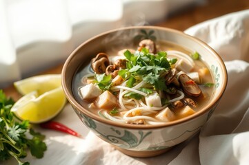 Warm, Aromatic Mushroom & Tofu Noodle Soup Bowl, Sunlit Kitchen Setting