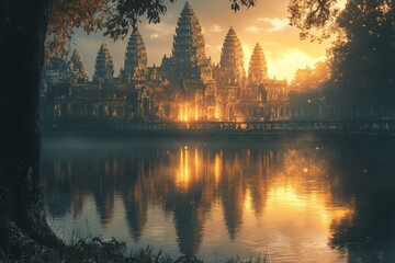 Obraz premium Sunrise Angkor Wat reflection, misty lake, travel