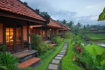 Obraz premium Relaxing evening at a Balinese resort with traditional architecture surrounded by lush greenery
