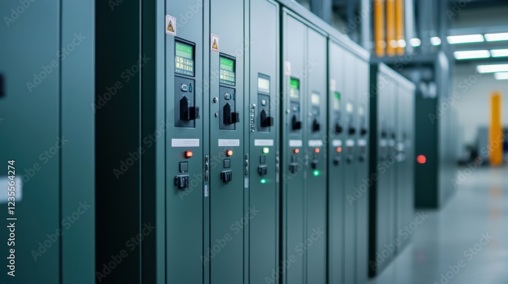 Poster industrial control panel in a modern facility featuring digital displays and buttons for operation a