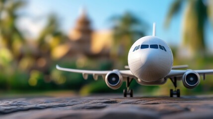 Fototapeta premium Airplane Model on Stone Surface with Tropical Background, Vacation Travel Concept