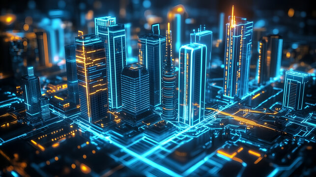 Cybernetic Skyline A Hyper-Realistic Glowing Digital Cityscape