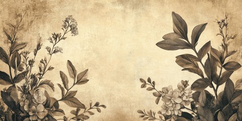 Sepia Floral Botanical Illustration on Antique Paper