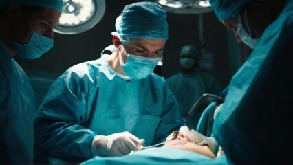 Intense surgical operation with surgeons in gowns performing procedure on patient in dimly lit operating room.
