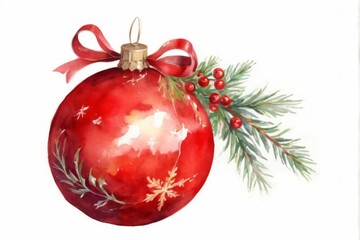 Red Christmas bauble with gold ornament, ribbon, snowflakes, and fir tree branch in watercolor illustration on white background.