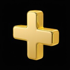 Fototapeta premium Gold 3D rendering of plus sign with shiny metallic finish on black background, centrally positioned for emphasis.
