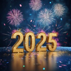 New Year 2025 Celebration with Vibrant Fireworks and Golden Numbers on Blue Background with Glitter, Digital Illustration
