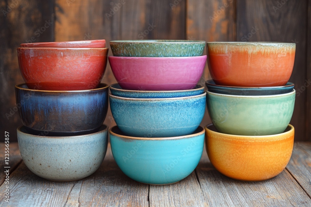 Poster vibrant array of colorful ceramic bowls resting on rustic surface