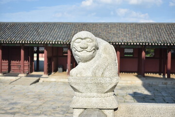 Traditional stone statue of a lion at a temple in Seoul, South Korea
