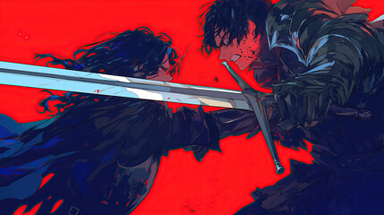 two anime character fighting with sword isolated red background