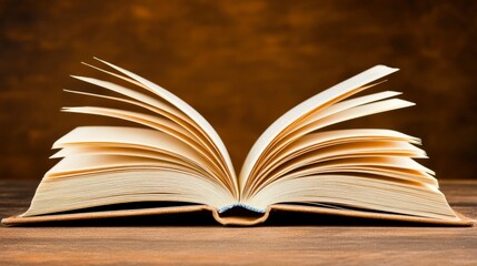 Fototapeta premium Open Book on Wooden Table with Brown Background - Knowledge, Education, and Reading Concept