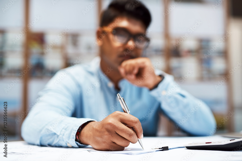 Poster man, thinking and writing in office for planning, notes and business review in architecture. enginee