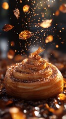 A beautifully arranged cinnamon roll surrounded by floating golden leaves and coffee beans