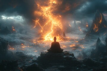 Monk meditates amidst fiery volcanic landscape, storm brewing