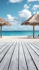 Tranquil Beach Scene: Wooden Deck Overlooking Azure Ocean and Straw Umbrellas