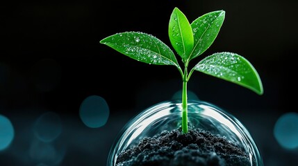 Young Plant Sprout in Glass Globe on Dark Background - Concept of New Growth, Sustainability, and