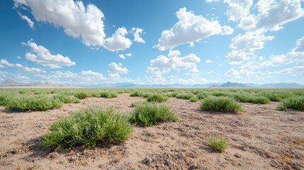 Obraz premium Desert landscape with shrubs under sunny sky, mountains in background; travel photography