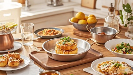 The image depicts a well set wooden table filled with a variety of appetizing dishes. 