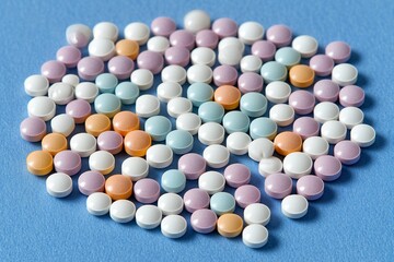 Assorted Pastel Colored Round Pills On Blue Background