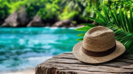 Tropical Summer Vacation Straw Hat on Wooden Dock Overlooking Turquoise Ocean