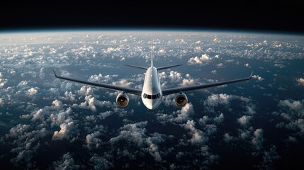 Obraz premium Airplane above clouds, Earth's curve, travel, journey