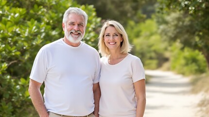 Stylish & Happy: Older Couple in Matching White T-Shirt Mockups