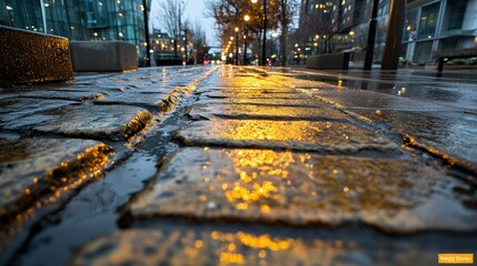Golden Hour Reflections on Wet Cobblestone Street