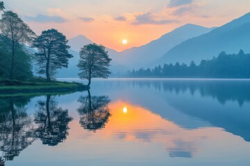 Fototapeta premium Serene Sunrise Reflections on a Tranquil Lake with Calm Waters - Nature's Beauty Captured in Early Morning Moment