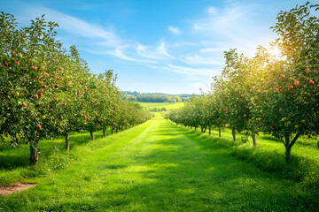 Naklejka premium Tranquil Orchard in Full Bloom with Rows of Fruit-Laden Trees and Rolling Hills in the Background