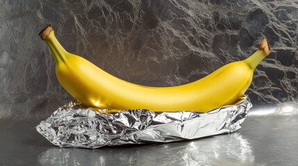 Yellow Banana on Shiny Aluminum Foil with Metallic Background