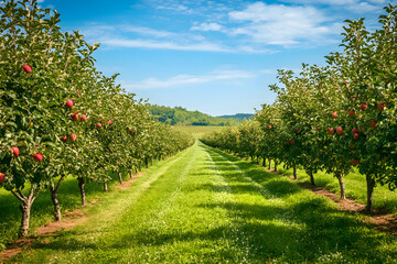 Naklejka premium Tranquil Orchard in Full Bloom with Rows of Fruit-Laden Trees and Rolling Hills in the Background