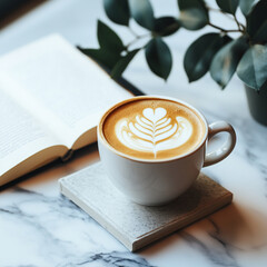 a latte art cup placed on a minimalist white table, surrounded by an inviting café atmosphere.