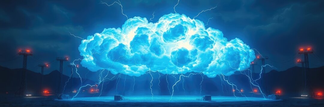 A stylized representation of an electrically charged blue cloud with glowing wires and light installations surrounding it in a futuristic landscape, neon, vibrant, glow
